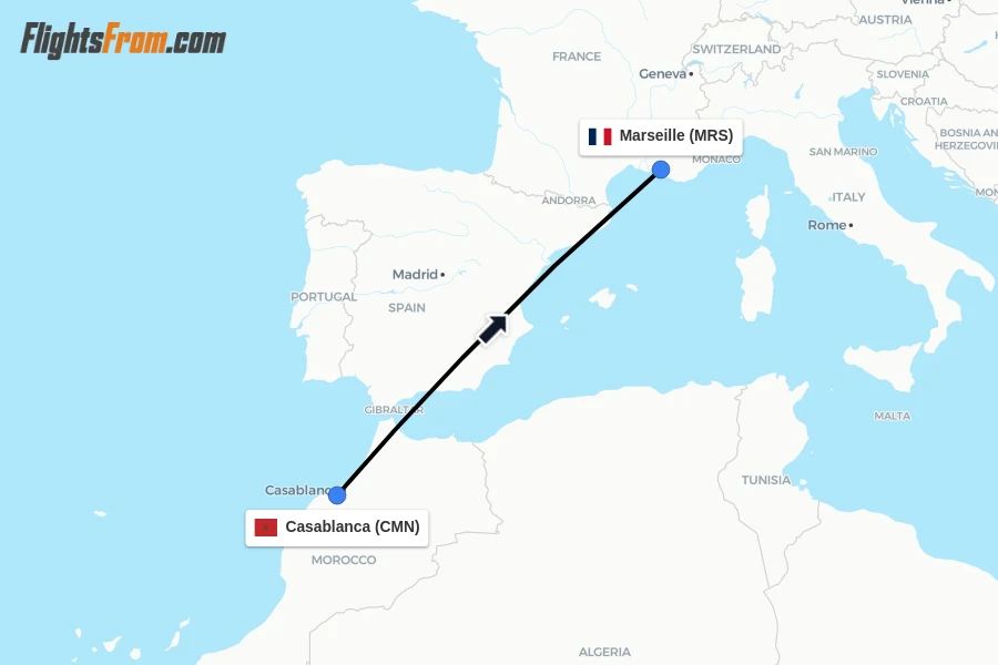 Flights from Casablanca to Marseille route map