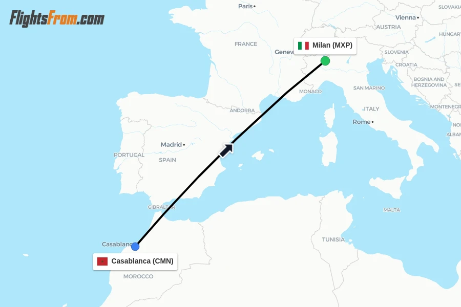 Flights from Casablanca to Milan route map