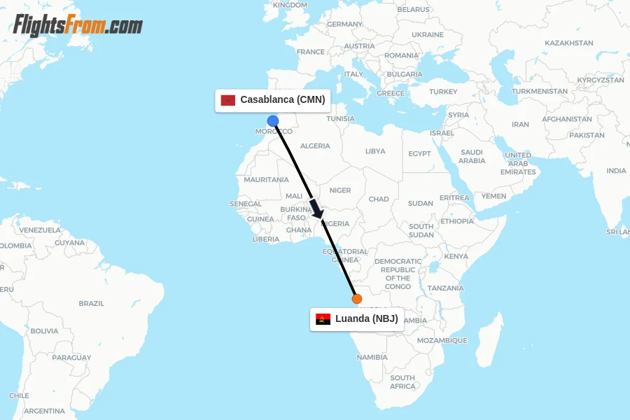 Flights from Casablanca to Luanda route map