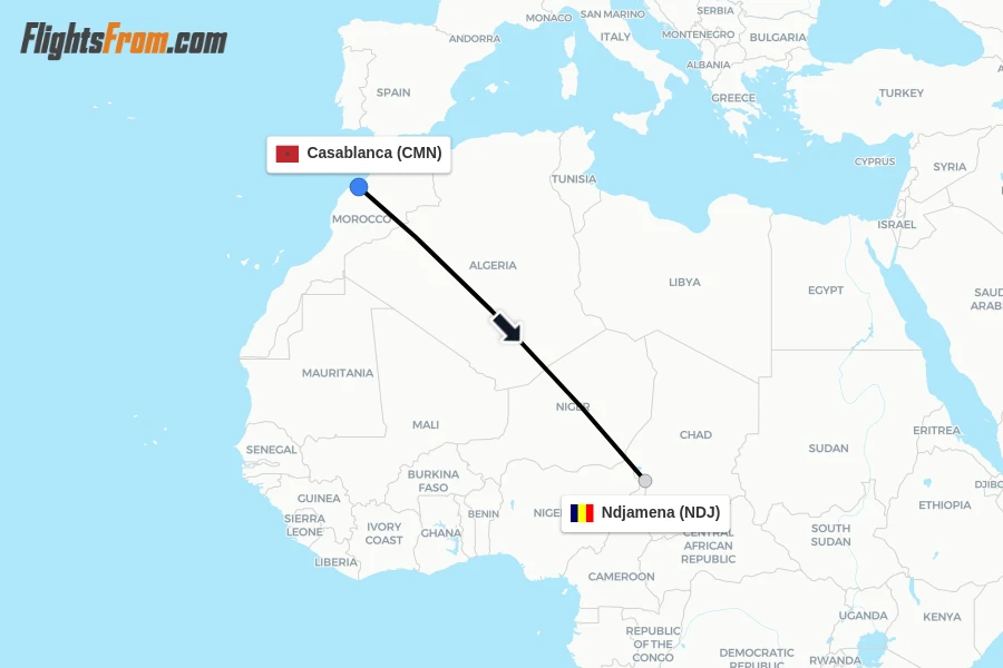 Flights from Casablanca to Ndjamena route map