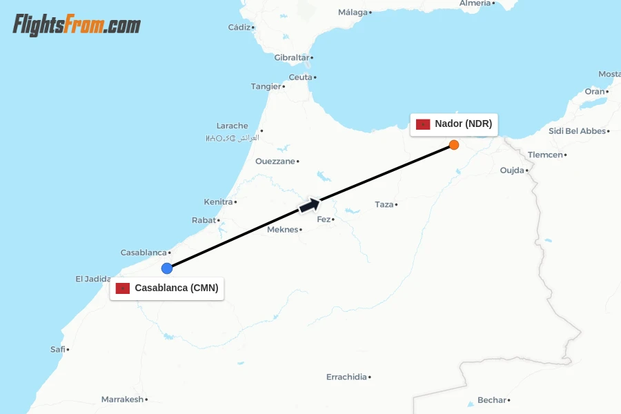 Flights from Casablanca to Nador route map