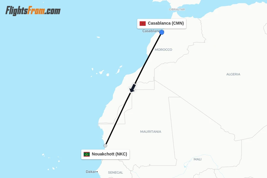 Flights from Casablanca to Nouakchott route map