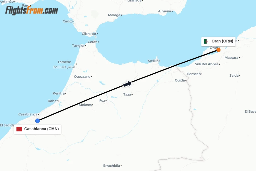 Flights from Casablanca to Oran route map