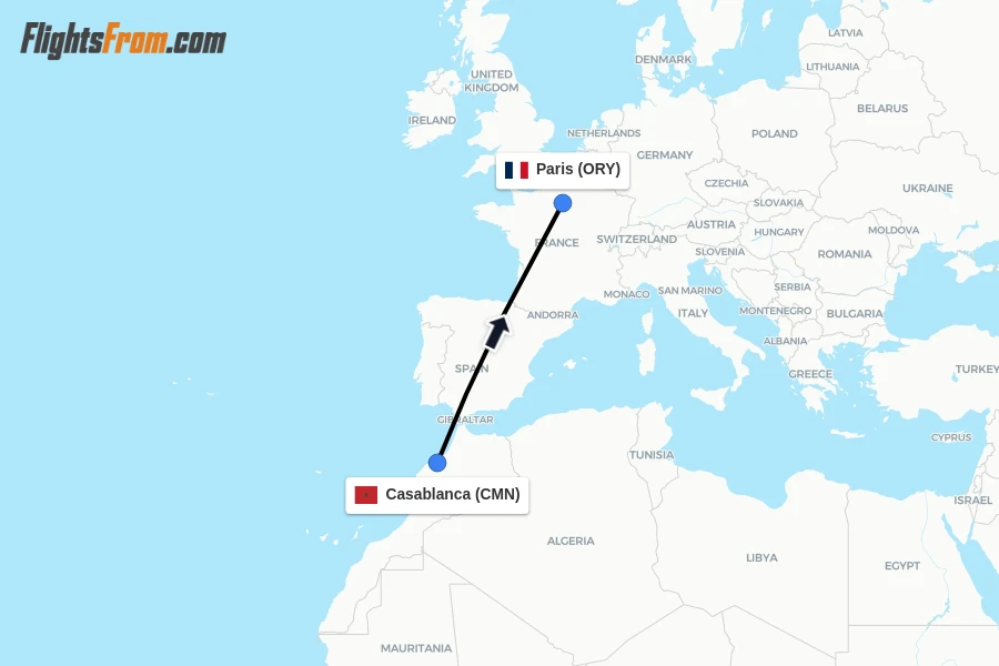 Flights from Casablanca to Paris route map