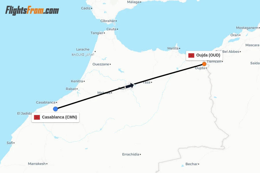 Flights from Casablanca to Oujda route map