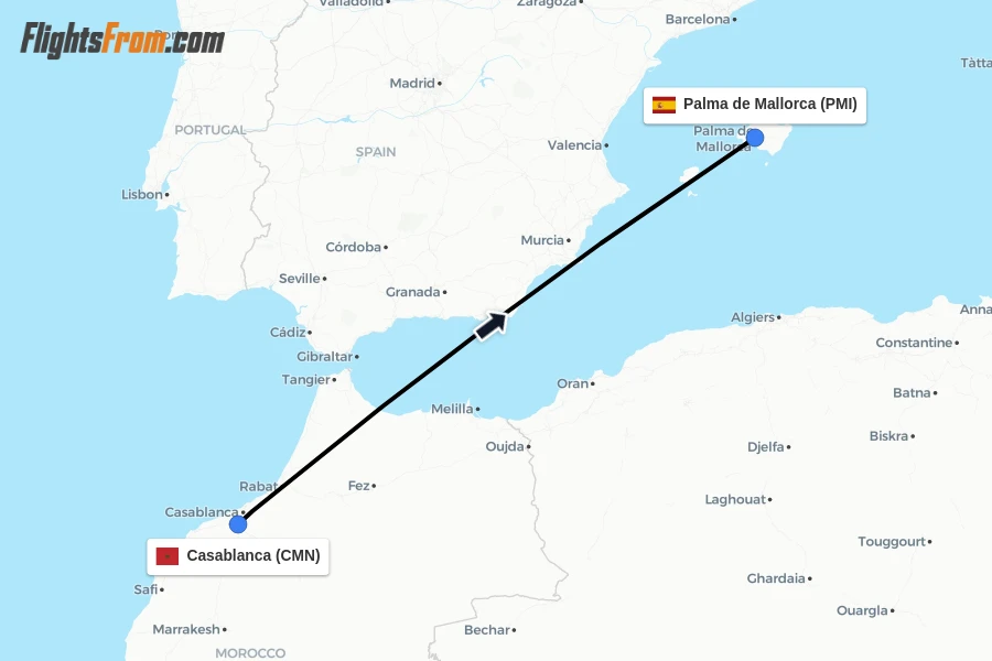 Flights from Casablanca to Palma de Mallorca route map