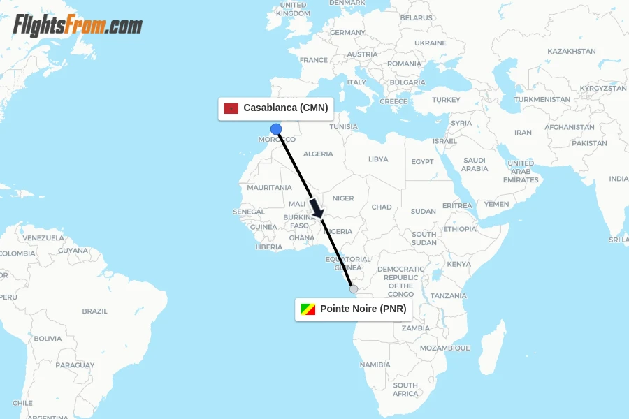 Flights from Casablanca to Pointe Noire route map
