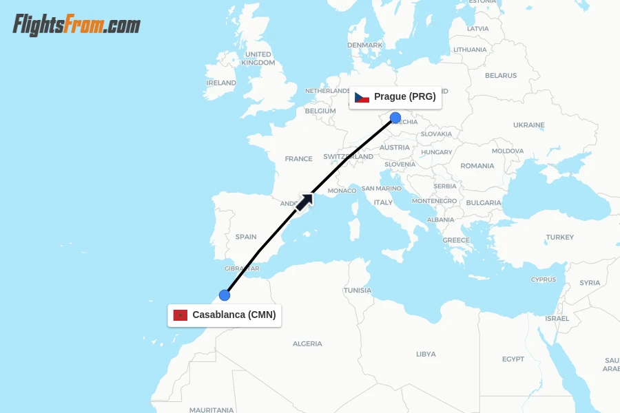 Flights from Casablanca to Prague route map
