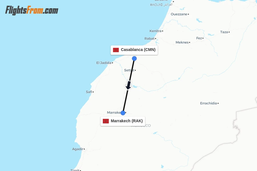 Flights from Casablanca to Marrakech route map