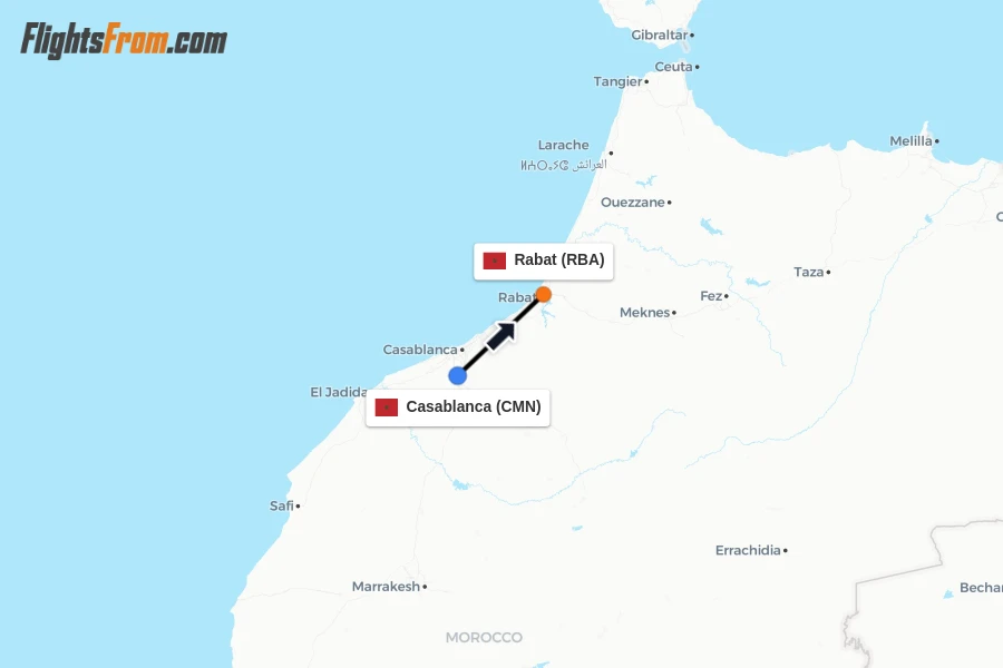 Flights from Casablanca to Rabat route map
