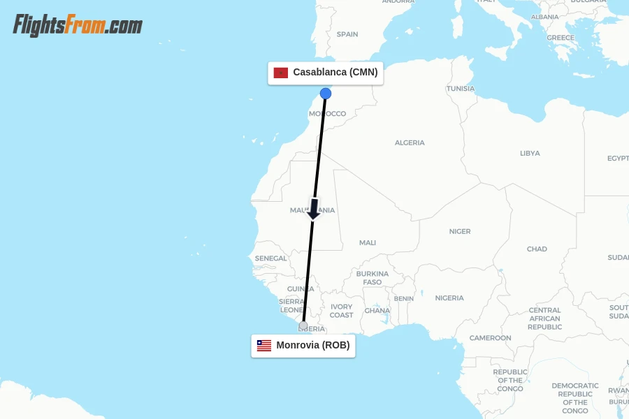 Flights from Casablanca to Monrovia route map