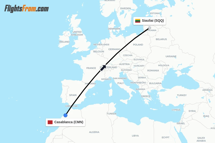 Flights from Casablanca to Siauliai route map