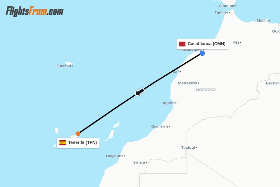 Flights from Casablanca to Tenerife route map