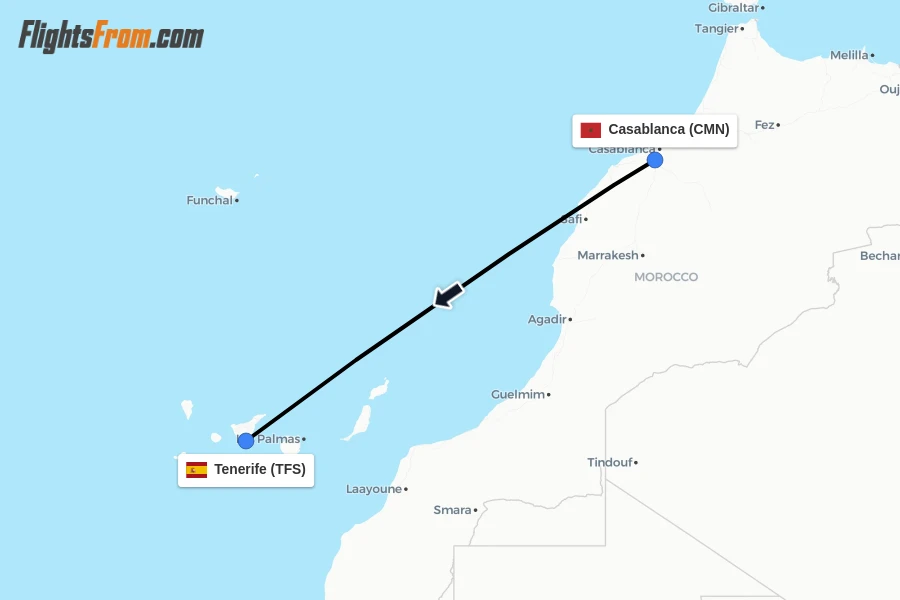 Flights from Casablanca to Tenerife route map