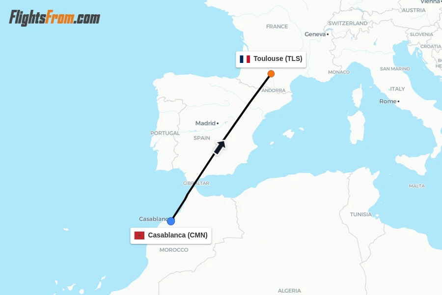 Flights from Casablanca to Toulouse route map