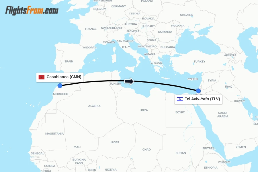 Flights from Casablanca to Tel Aviv-Yafo route map