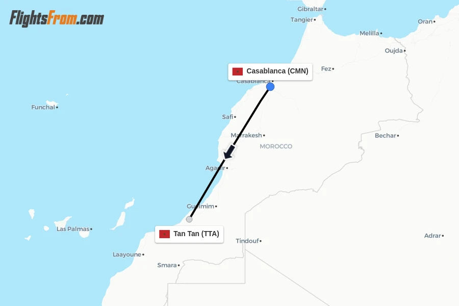 Flights from Casablanca to Tan Tan route map