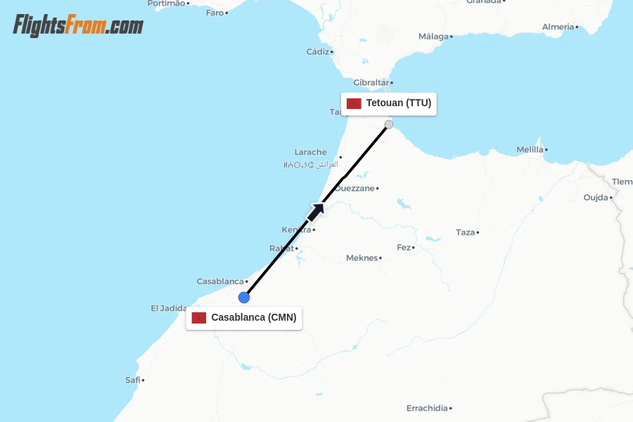 Flights from Casablanca to Tetouan route map