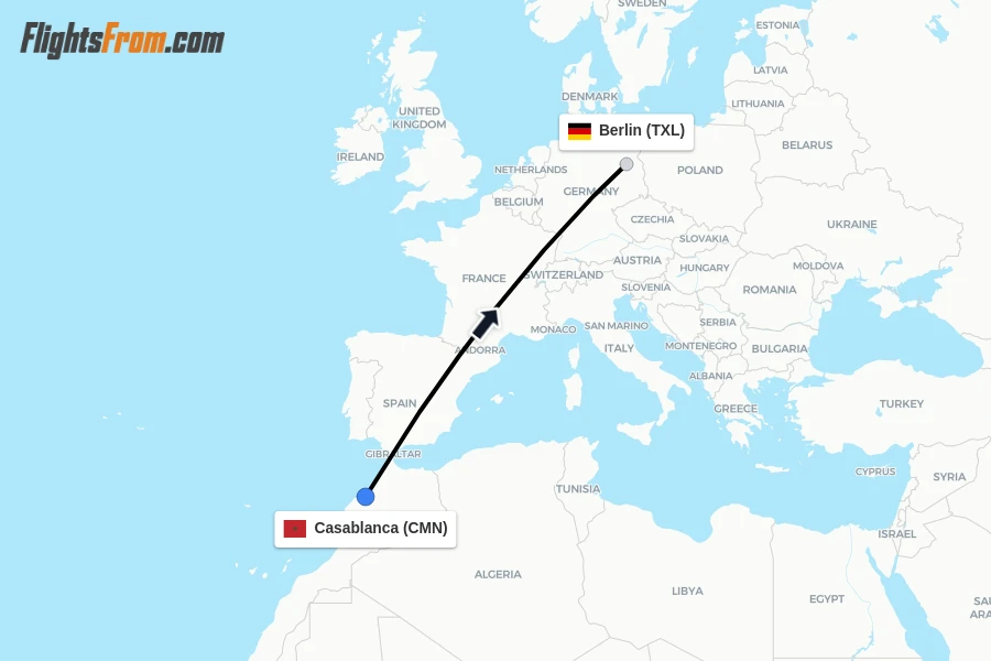 Flights from Casablanca to Berlin route map