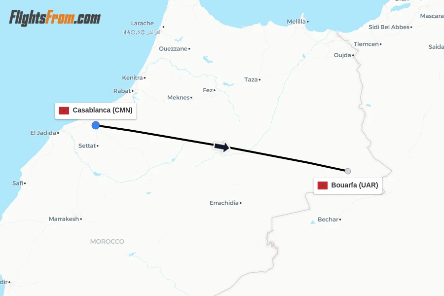 Flights from Casablanca to Bouarfa route map