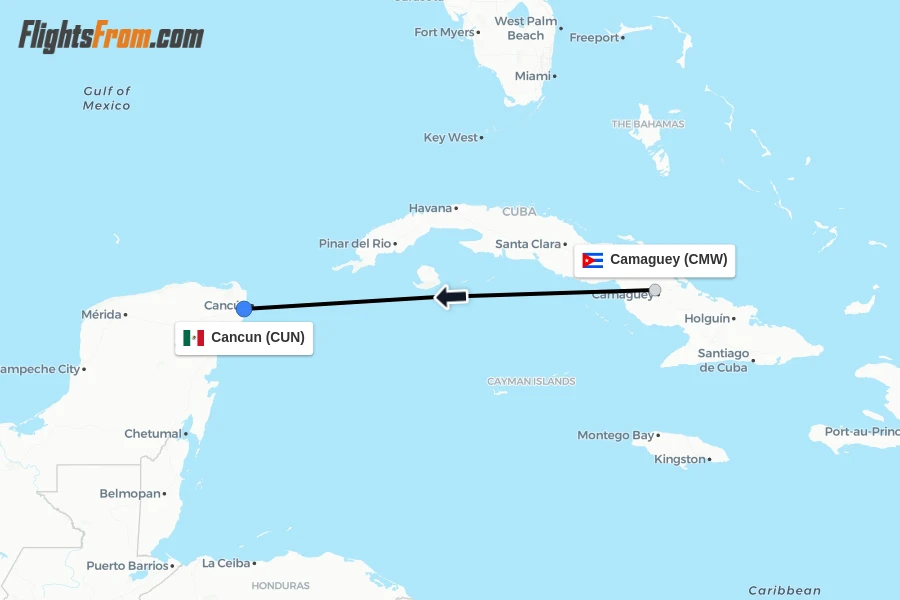 Flights from Camaguey to Cancun route map