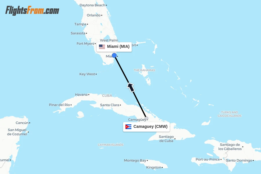 Flights from Camaguey to Miami route map