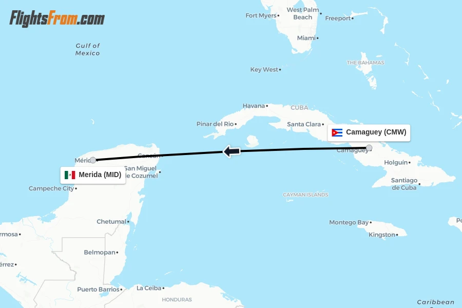 Flights from Camaguey to Merida route map