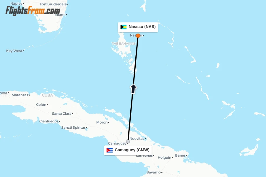 Flights from Camaguey to Nassau route map