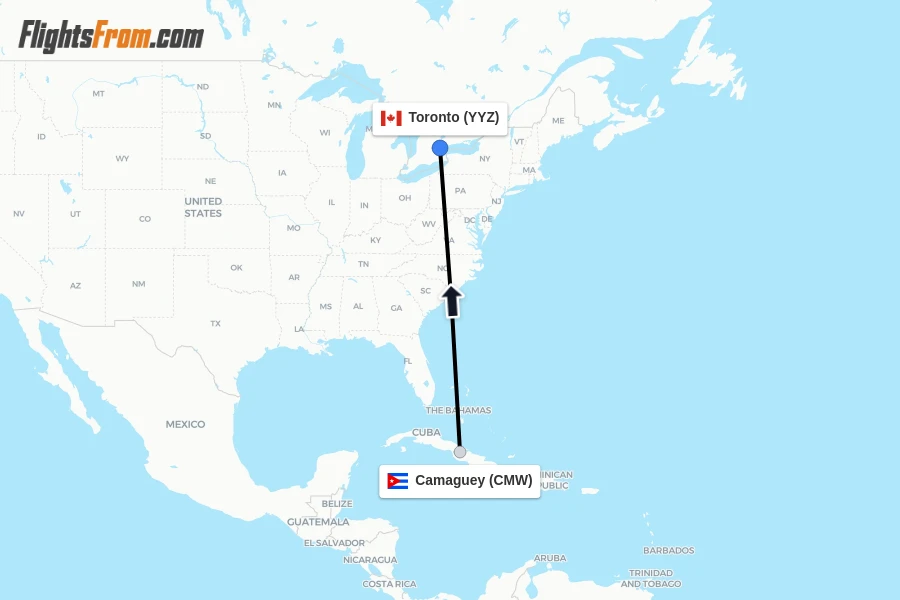 Flights from Camaguey to Toronto route map