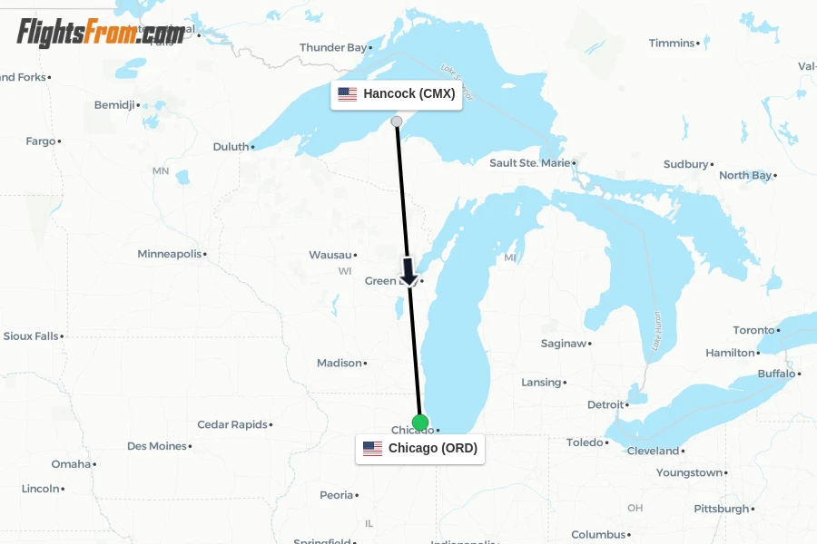 Flights from Hancock to Chicago route map