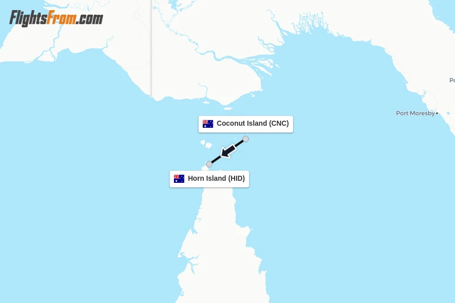 Flights from Coconut Island to Horn Island route map