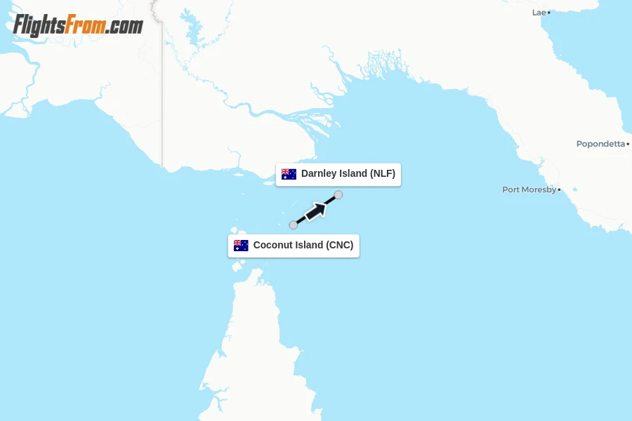 Flights from Coconut Island to Darnley Island route map