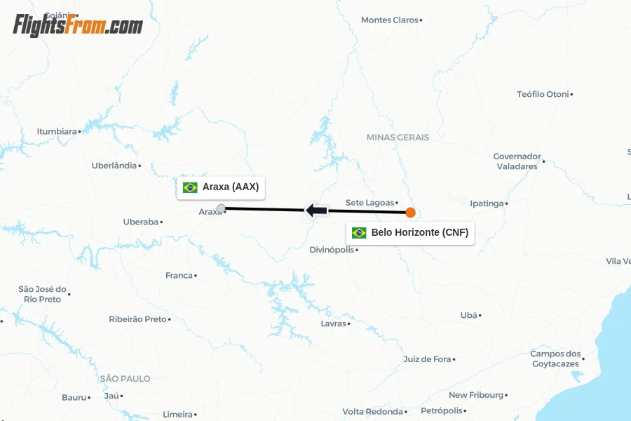 Flights from Belo Horizonte to Araxa route map