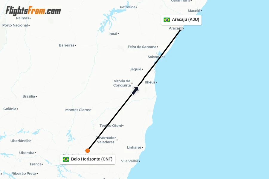 Flights from Belo Horizonte to Aracaju route map