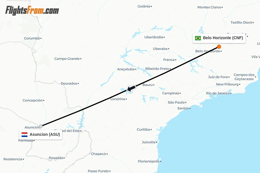 Flights from Belo Horizonte to Asuncion route map