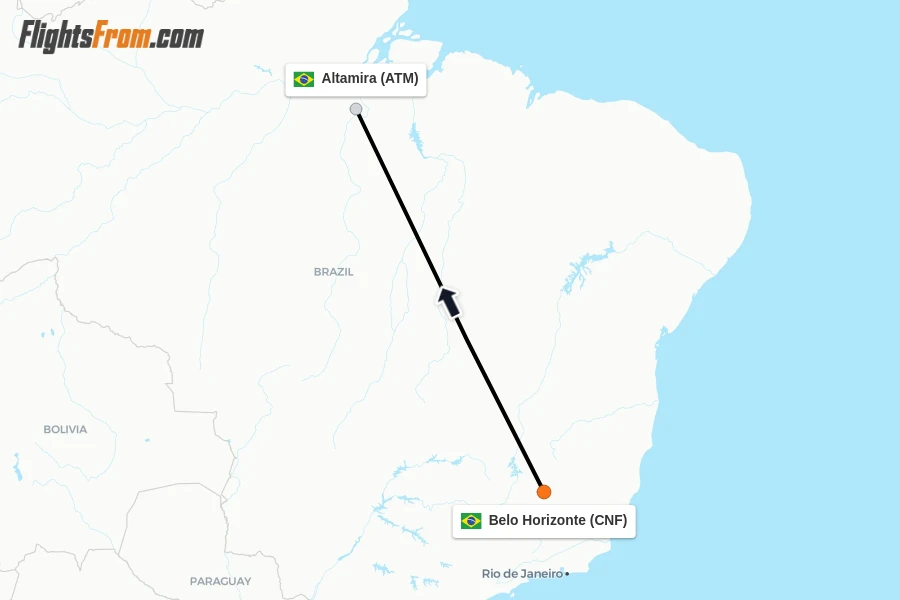 Flights from Belo Horizonte to Altamira route map