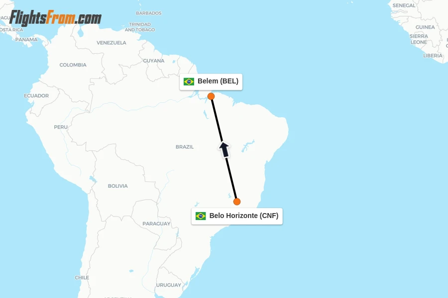 Flights from Belo Horizonte to Belem route map