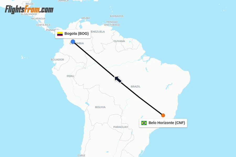 Flights from Belo Horizonte to Bogota route map
