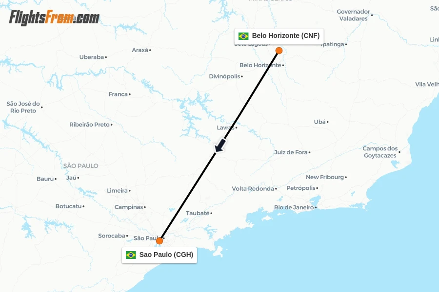 Flights from Belo Horizonte to Sao Paulo route map