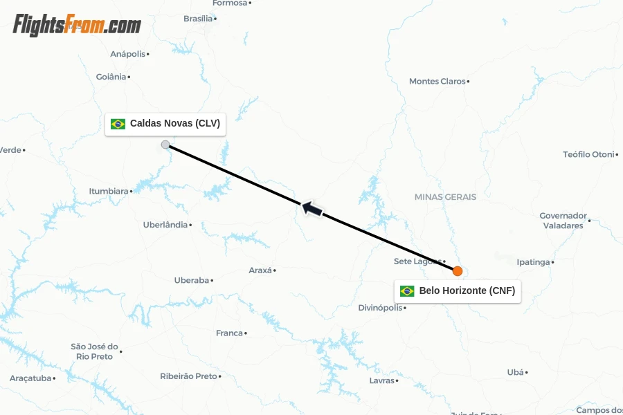 Flights from Belo Horizonte to Caldas Novas route map