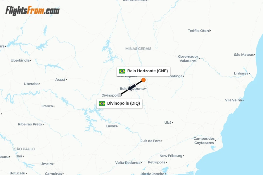 Flights from Belo Horizonte to Divinopolis route map
