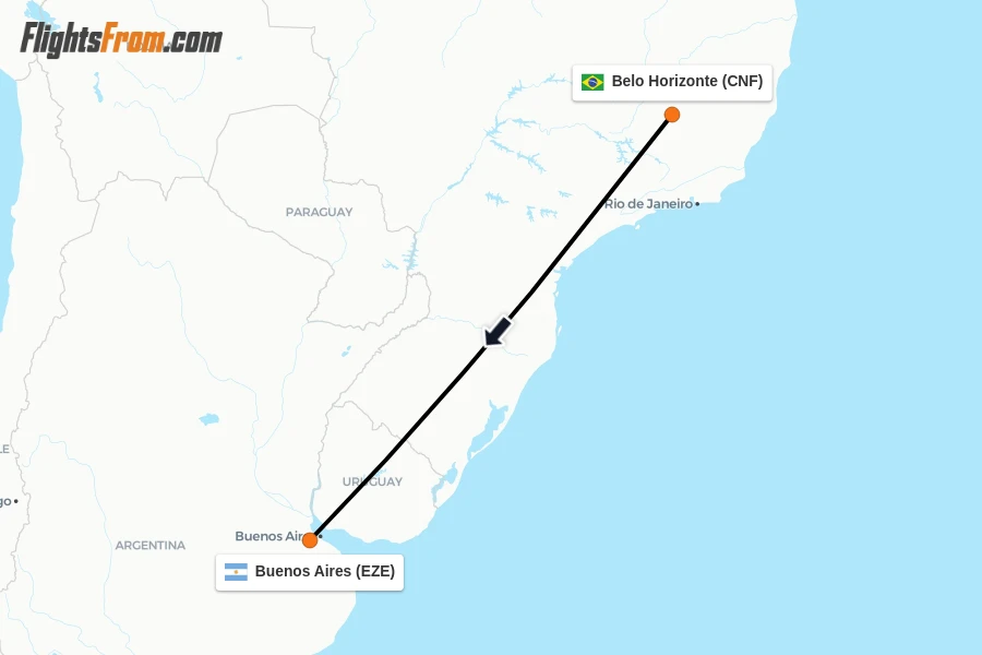 Flights from Belo Horizonte to Buenos Aires route map