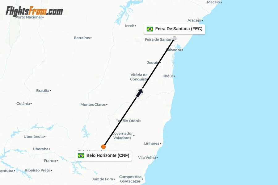 Flights from Belo Horizonte to Feira De Santana route map