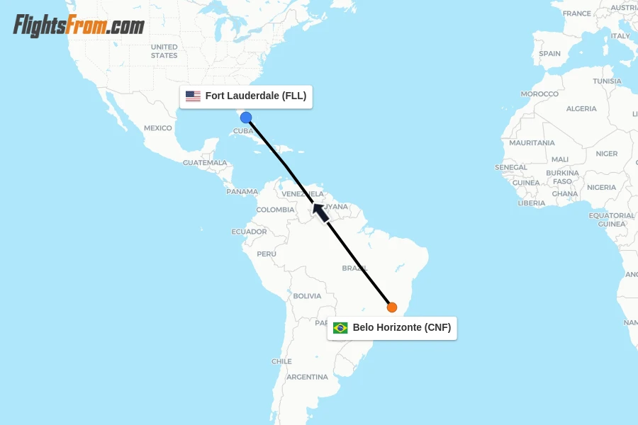 Flights from Belo Horizonte to Fort Lauderdale route map