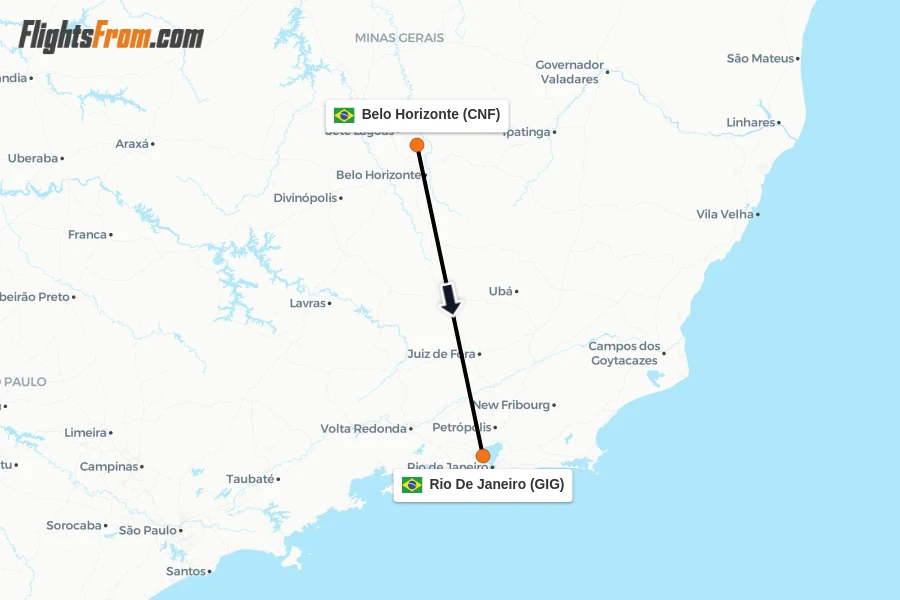 Flights from Belo Horizonte to Rio De Janeiro route map