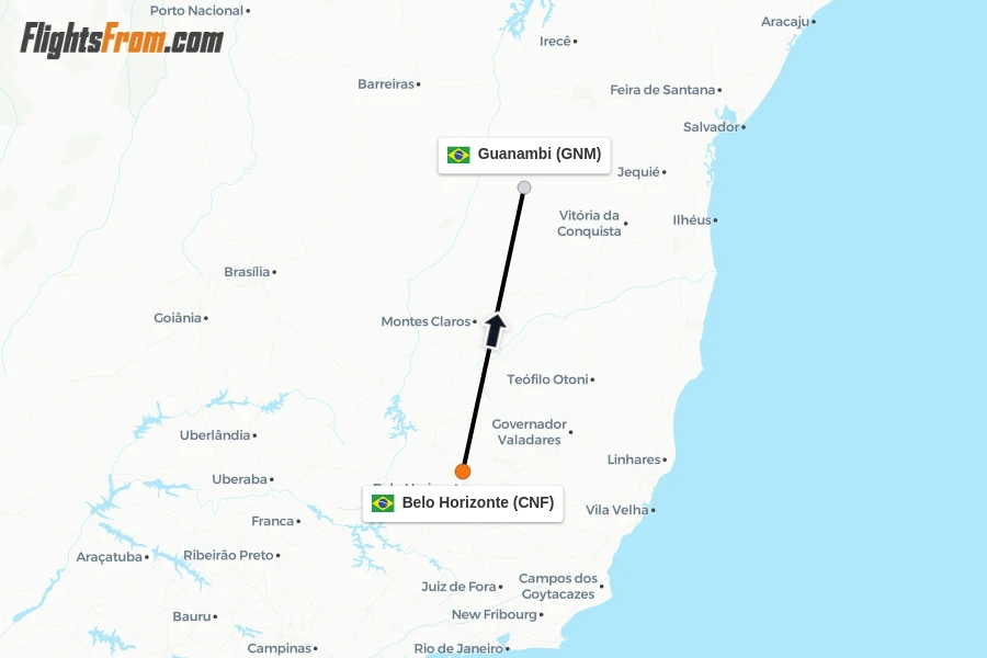 Flights from Belo Horizonte to Guanambi route map