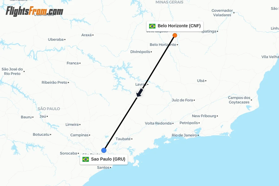 Flights from Belo Horizonte to Sao Paulo route map