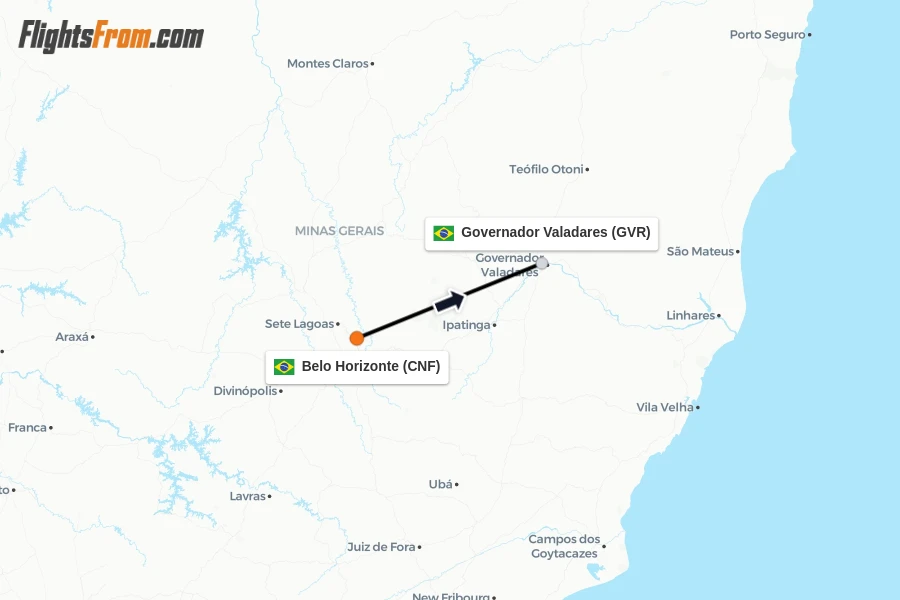 Flights from Belo Horizonte to Governador Valadares route map