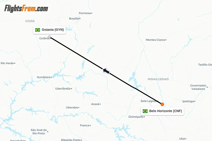 Flights from Belo Horizonte to Goiania route map