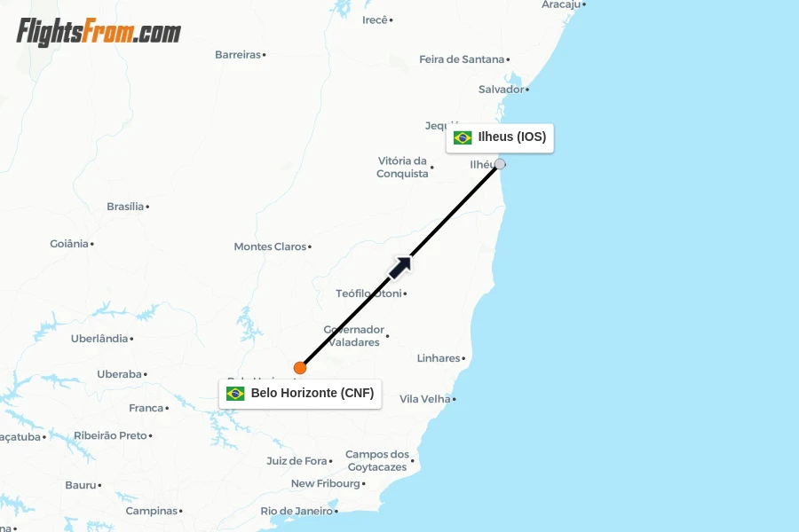 Flights from Belo Horizonte to Ilheus route map